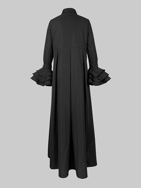 Maxi Shirt Dress with Flared Sleeves, Pleated Design, and Split-Joint Lapel in Solid Color