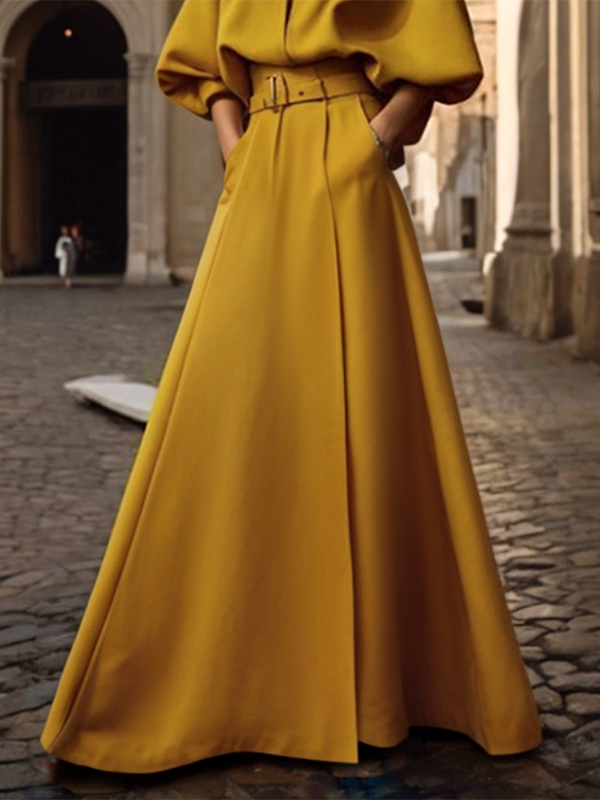 Loose-Fitting Half Sleeve Maxi Dress with Belt and Deep V-Neck in Solid Colors