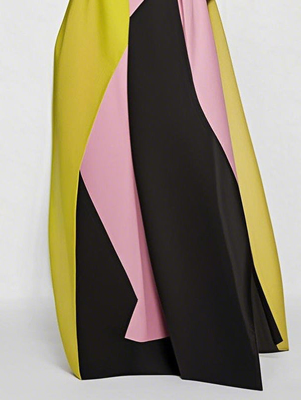 Color-Block A-Line Maxi Dress with Pleated Split-Joint and Round Neck