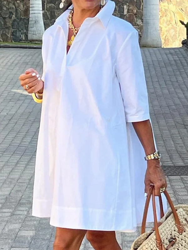 Half Sleeves Loose Solid Color Lapel Mini Dresses