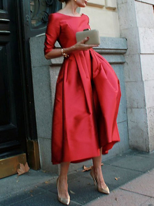 Solid Color A-Line Midi Dress with Loose Pleats, Pockets, and Round Neck