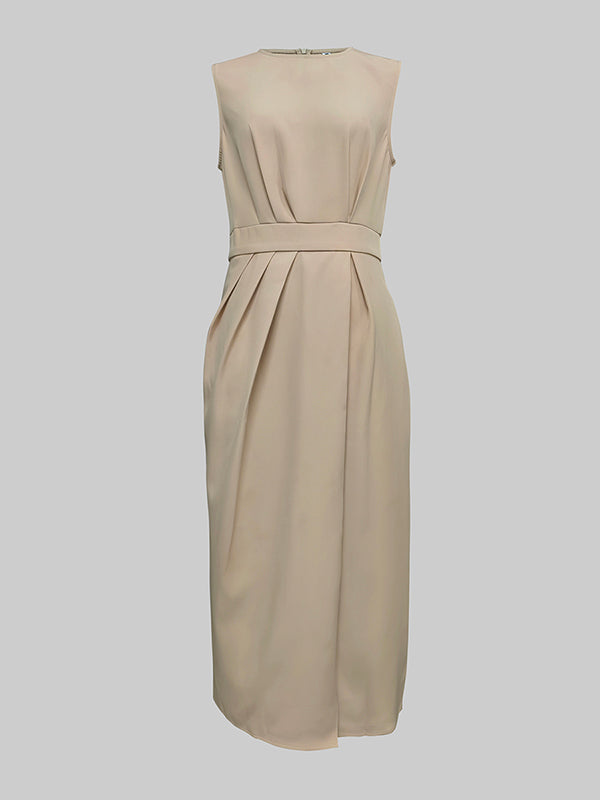 High Waisted Loose Pleated Solid Color Round-Neck Midi Dresses