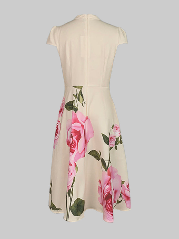 Short Sleeves Skinny Flower Print Stand Collar Midi Dresses