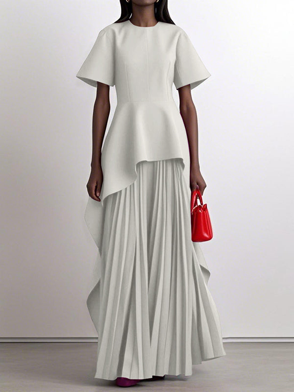 High-Waisted A-Line Maxi Dress with Pleats and Split Joint Round Neck