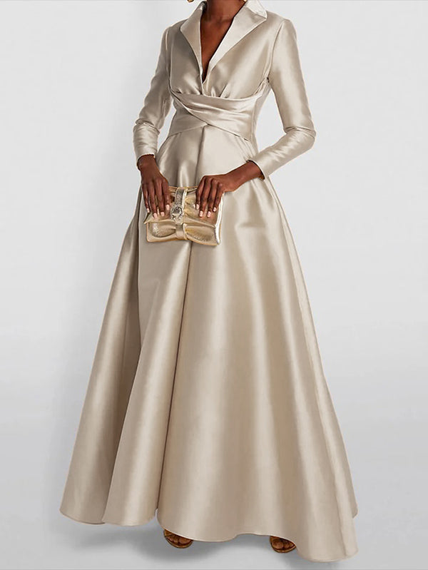 Solid Color V-Neck Maxi Dress with High Waisted A-Line Pleats