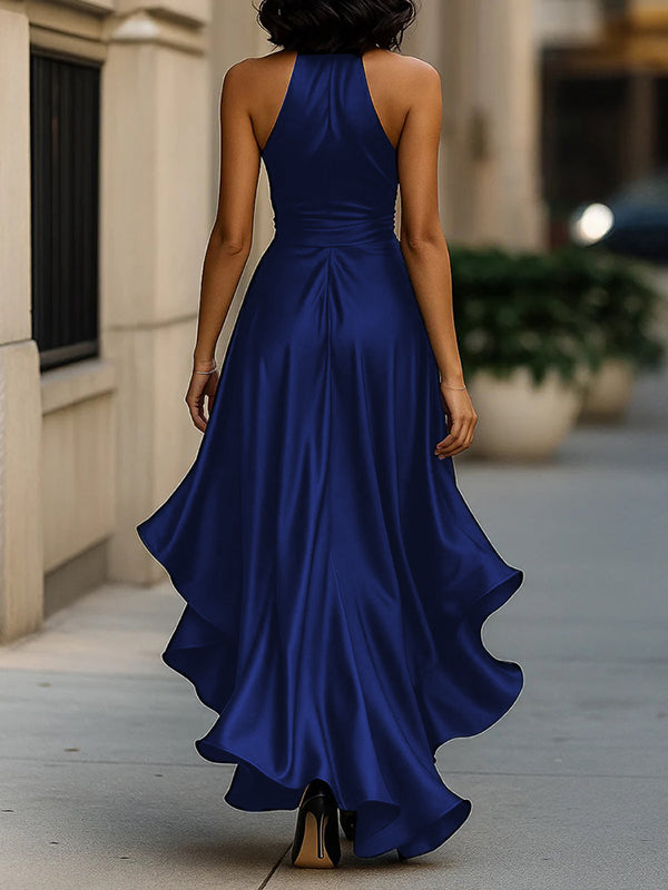 V-Neck Maxi Dress with High-Low Hem, Loose Fit, Ruffle Trim, and Tied Waist in Solid Colors