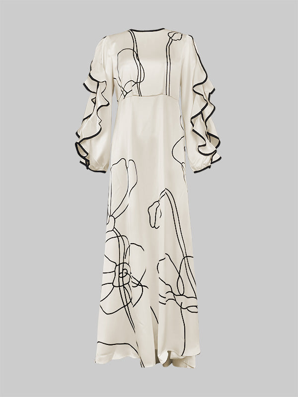 Loose Contrast Color Ruffle Flower Print Hollow Zipper Maxi Dresses