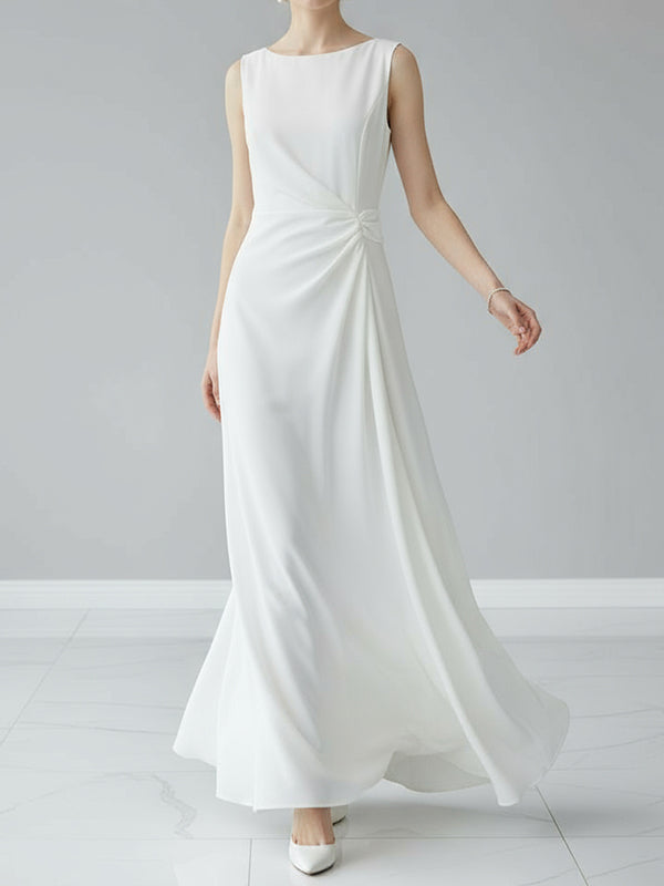 Sleeveless Pleated Gauze Maxi Dress with Round Neck and Split-Joint Design
