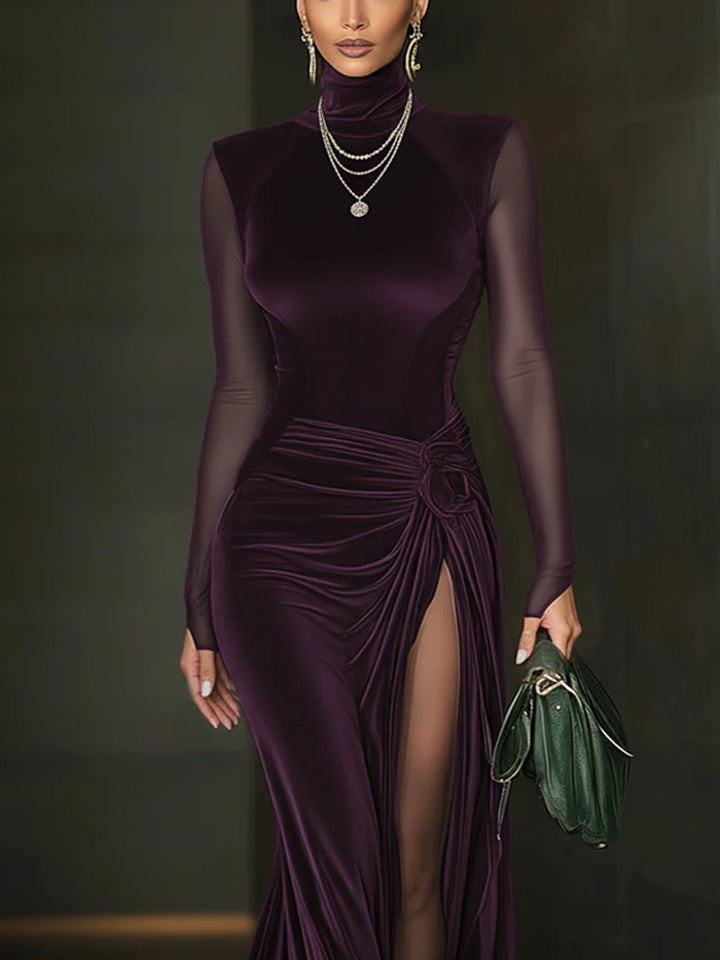 Aria™ | Velvet Maxi Dress with Mesh Sleeves and High Slit