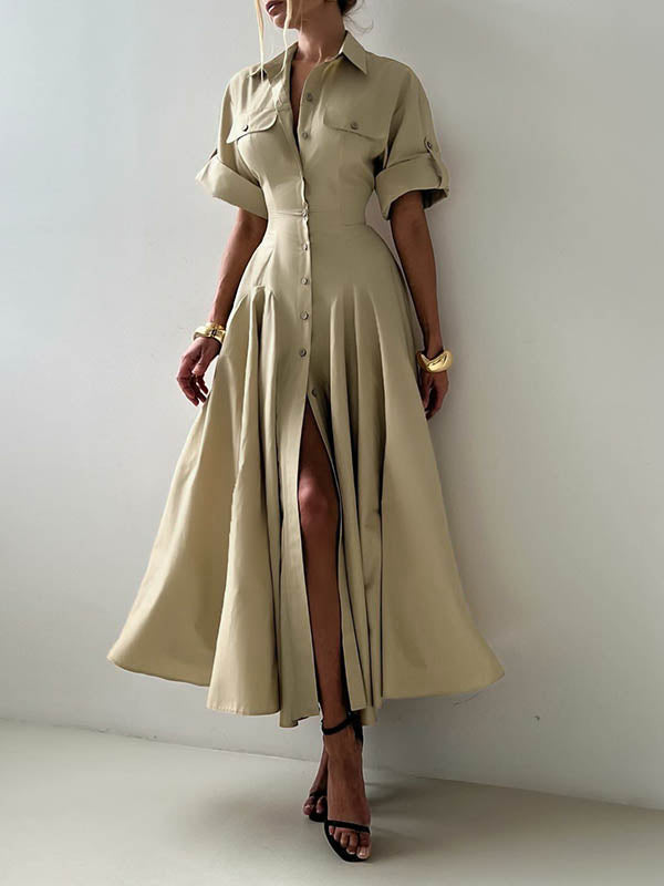 Maxi Shirt Dress with Short Sleeves, Button Closure, and Solid Color Lapel