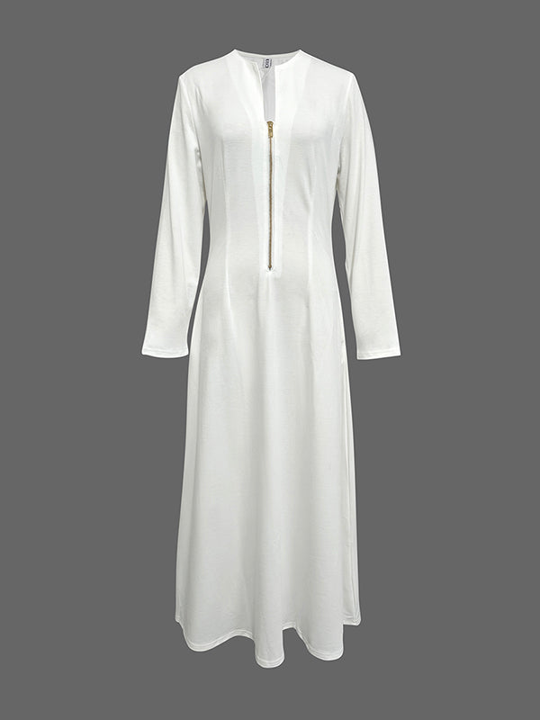 Long Sleeves Solid Color Zipper Round-Neck Maxi Dresses