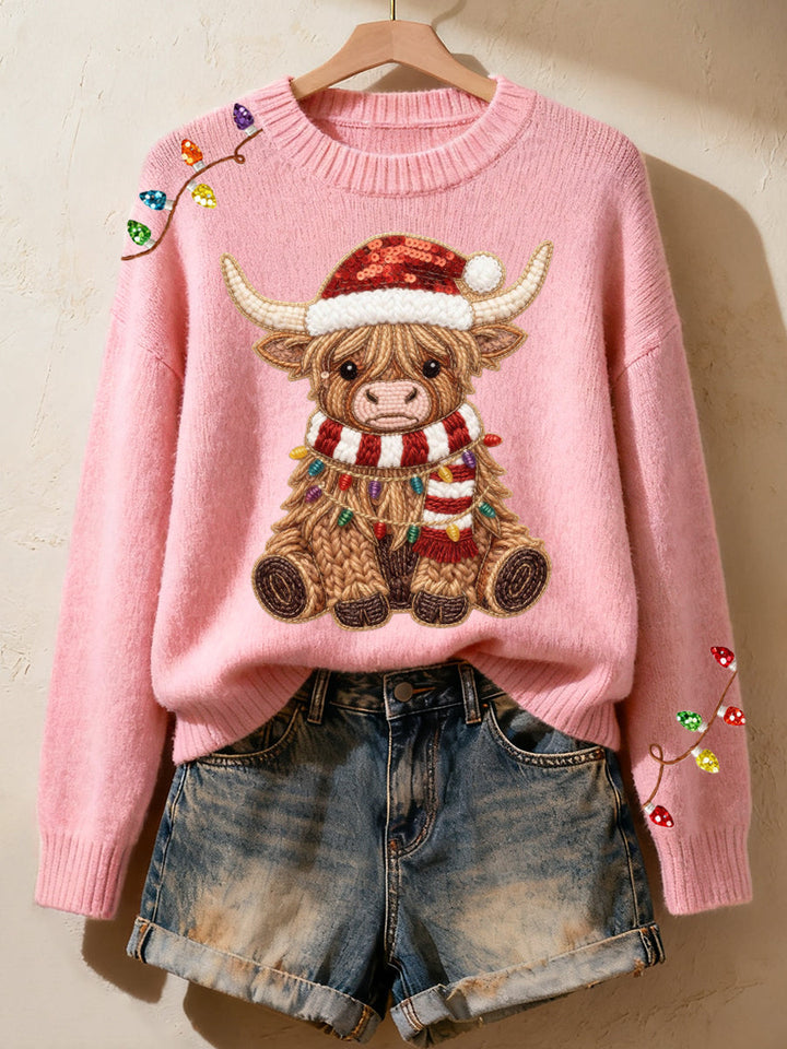 Mallow™ | Cozy Knit Sweater with Women's Faux Yarn Christmas Highland Cow Design