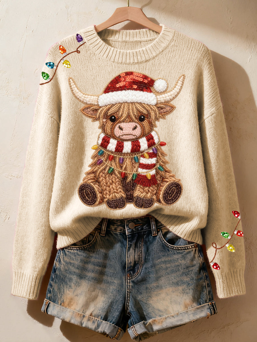 Mallow™ | Cozy Knit Sweater with Women's Faux Yarn Christmas Highland Cow Design