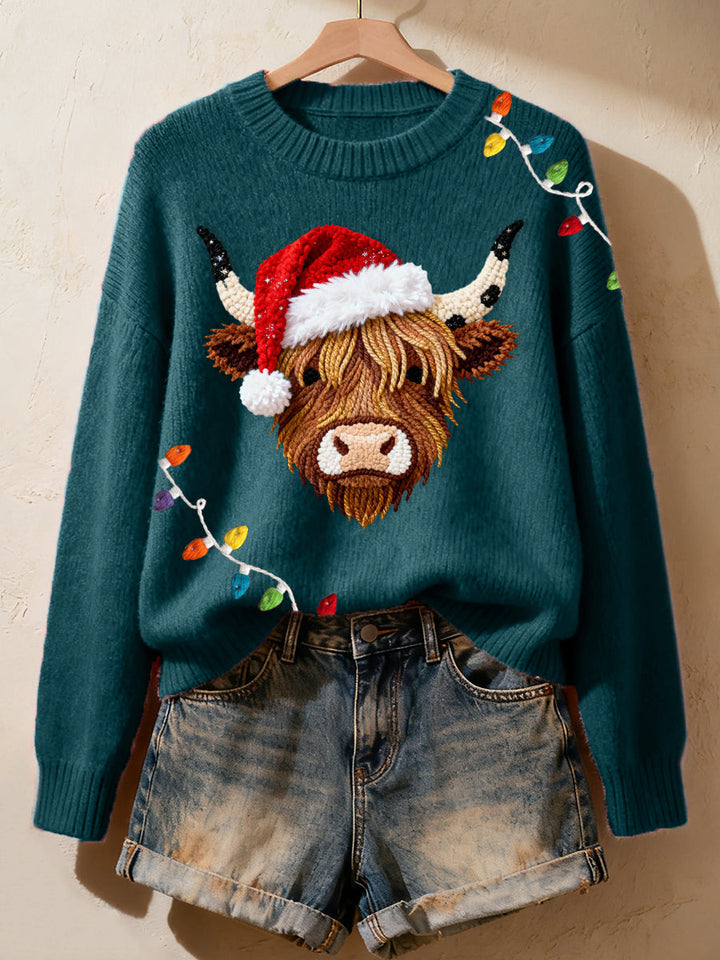 Cozy Knit Sweater with Women's Faux Yarn Christmas Highland Cow Design