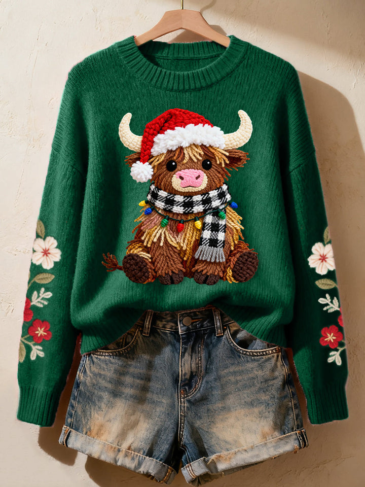 Clover™ | Cozy Knit Sweater with Faux Yarn Highland Cow Pattern for Women