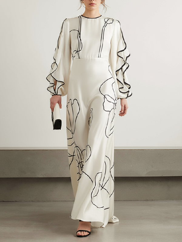 Maxi Dress with Ruffled Floral Print, Hollow Design, and Contrast Colors